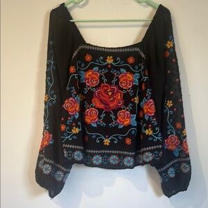 Savanna Jane Black Embroidered Blouse 3/4 Sleeve Relaxed